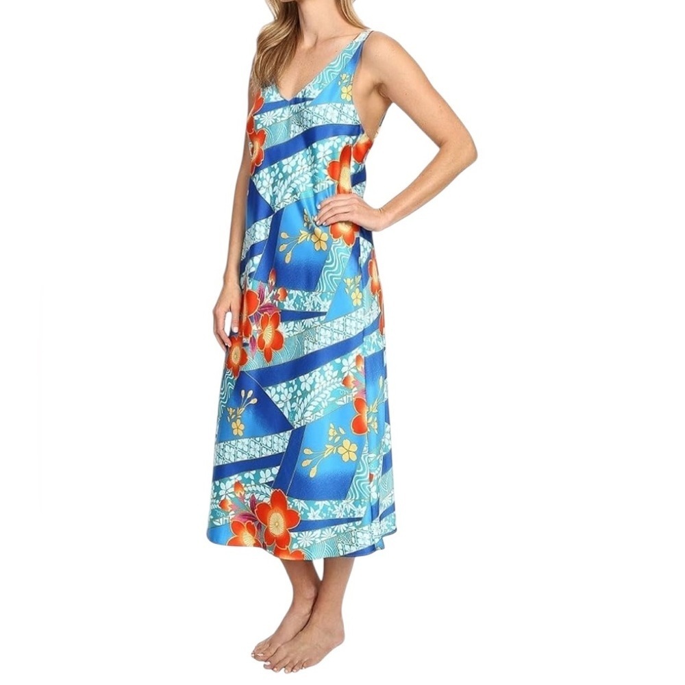 Natori Satin Gown Women Sz XL Floral Resortwear Coastal Mikoto Night Orange Blue
